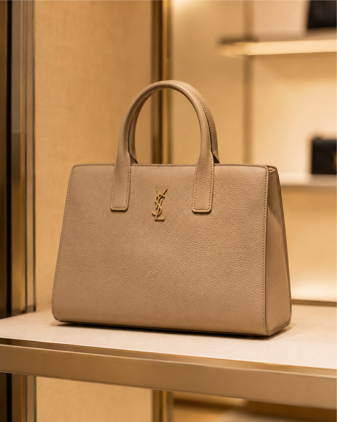 Image of a taupe YSL purse with a noticeable logo.