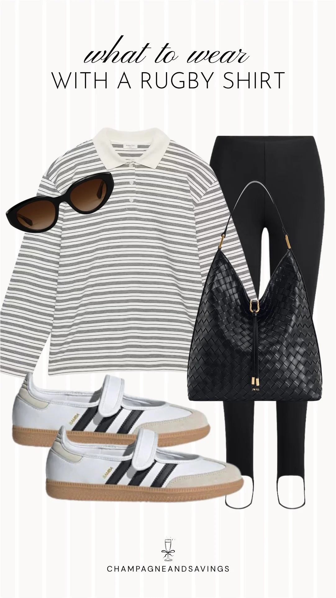 A casual rugby shirt outfit featuring a classic rugby shirt paired with stirrup leggings and sneakers, creating a comfortable, sporty look that's perfect for everyday wear, travel days, or running errands.