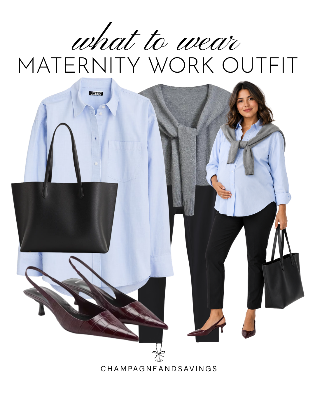 Maternity work outfit idea featuring a blue button-down shirt paired with burgundy heels, shown in a collage of outfit pieces for a chic, comfortable, and professional pregnancy-friendly look.
