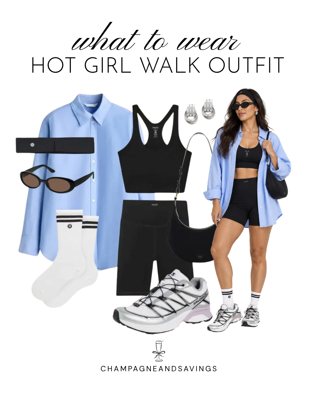 Hot girl walk outfit idea featuring an oversized button-down shirt paired with biker shorts, shown in a collage of outfit pieces for a cute and casual walking outfit.
