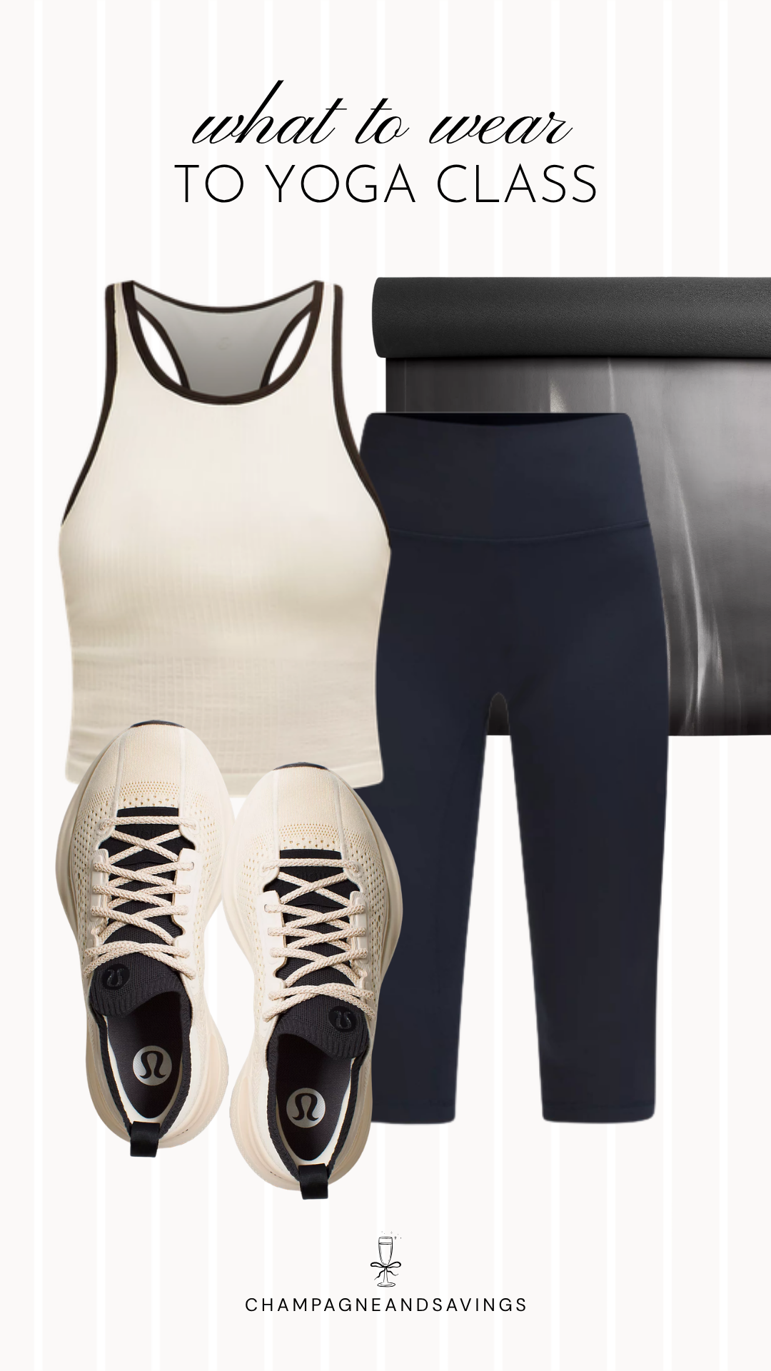 Collage of yoga outfit pieces featuring a cream racerback tank paired with navy leggings, creating a simple, comfortable, and versatile outfit for yoga class, pilates, or low-impact workouts.