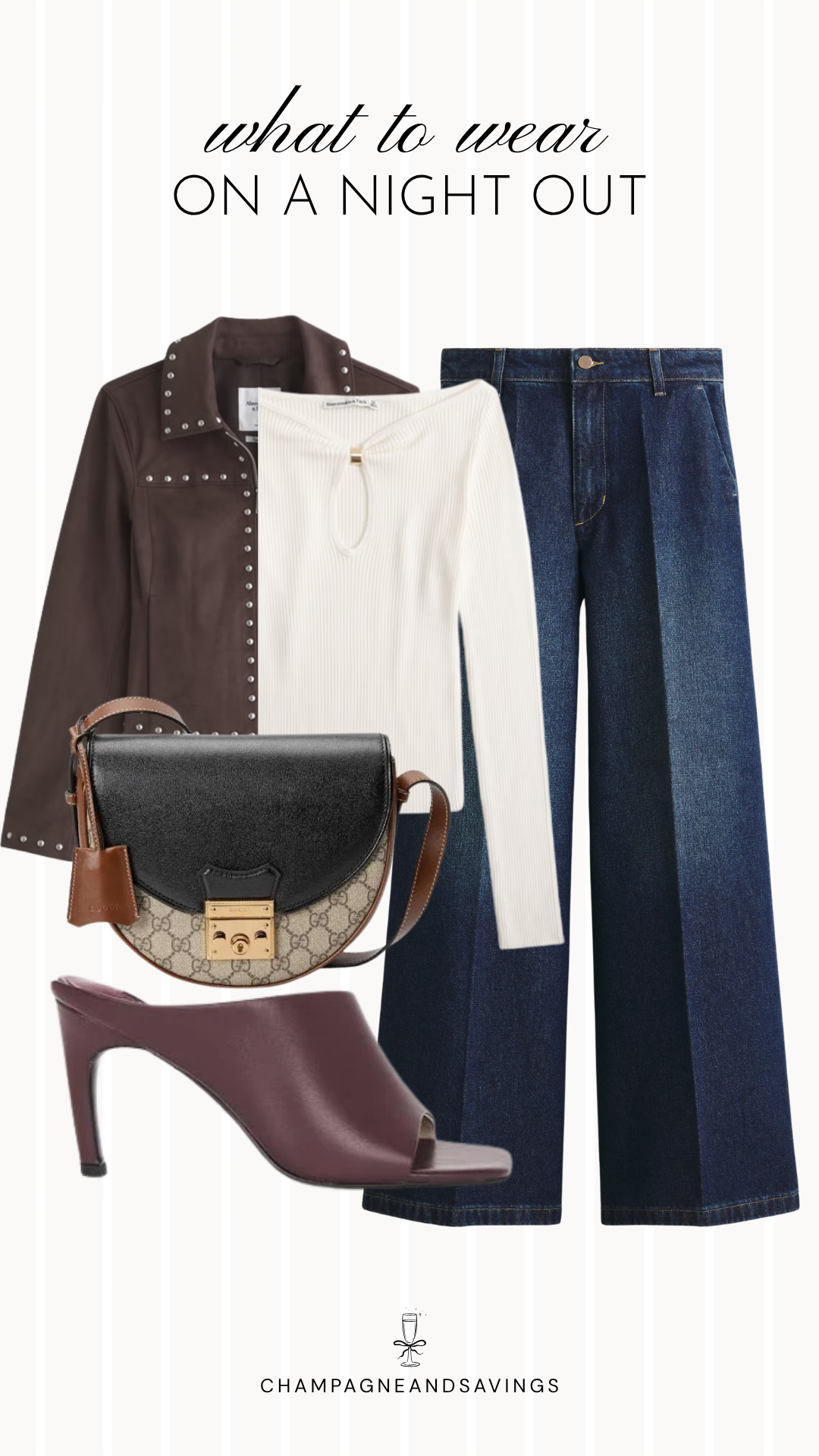 Fall going out outfit idea featuring a studded jacket layered over a white sweater with wide leg jeans, styled in a collage of outfit pieces for a chic autumn night out look.