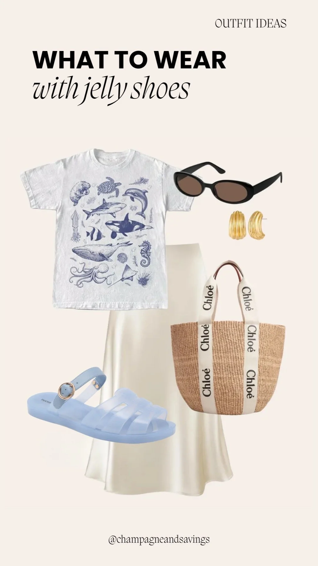 Outfit featuring jelly shoes styled with a maxi skirt and graphic t-shirt