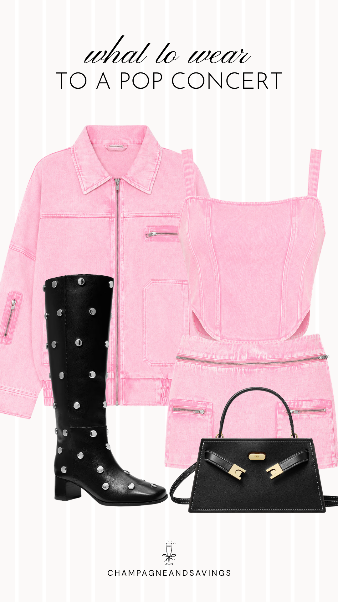 Collage of outfit pieces featuring a pink denim set paired with studded boots, creating a playful and statement-making pop concert outfit idea.