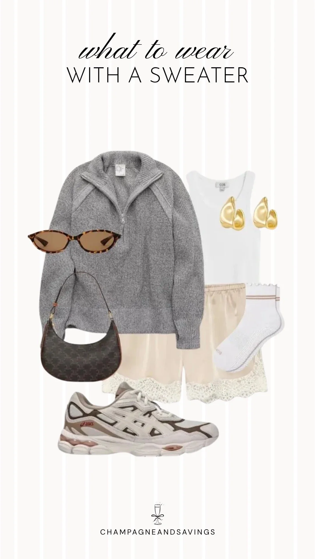 Collage of outfit pieces featuring a half zip sweater styled with silky shorts and sneakers for a casual and sporty sweater outfit idea.