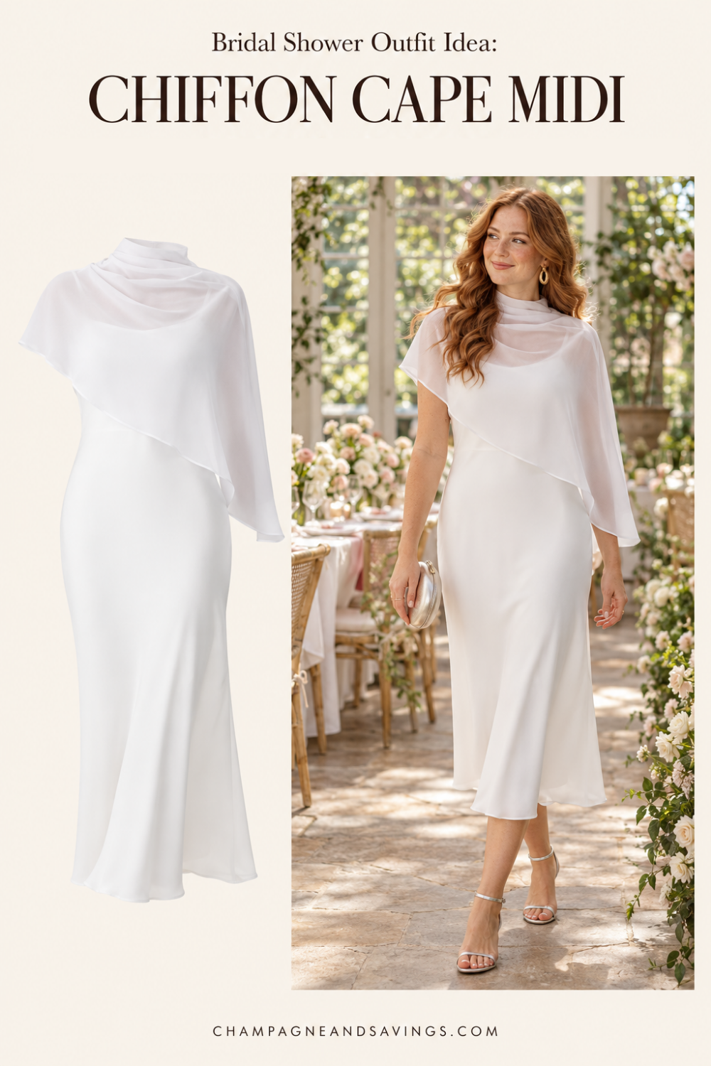 Trendy bridal shower outfit idea featuring a white chiffon cape midi dress, shown alongside a styled bridal look for the bride-to-be.