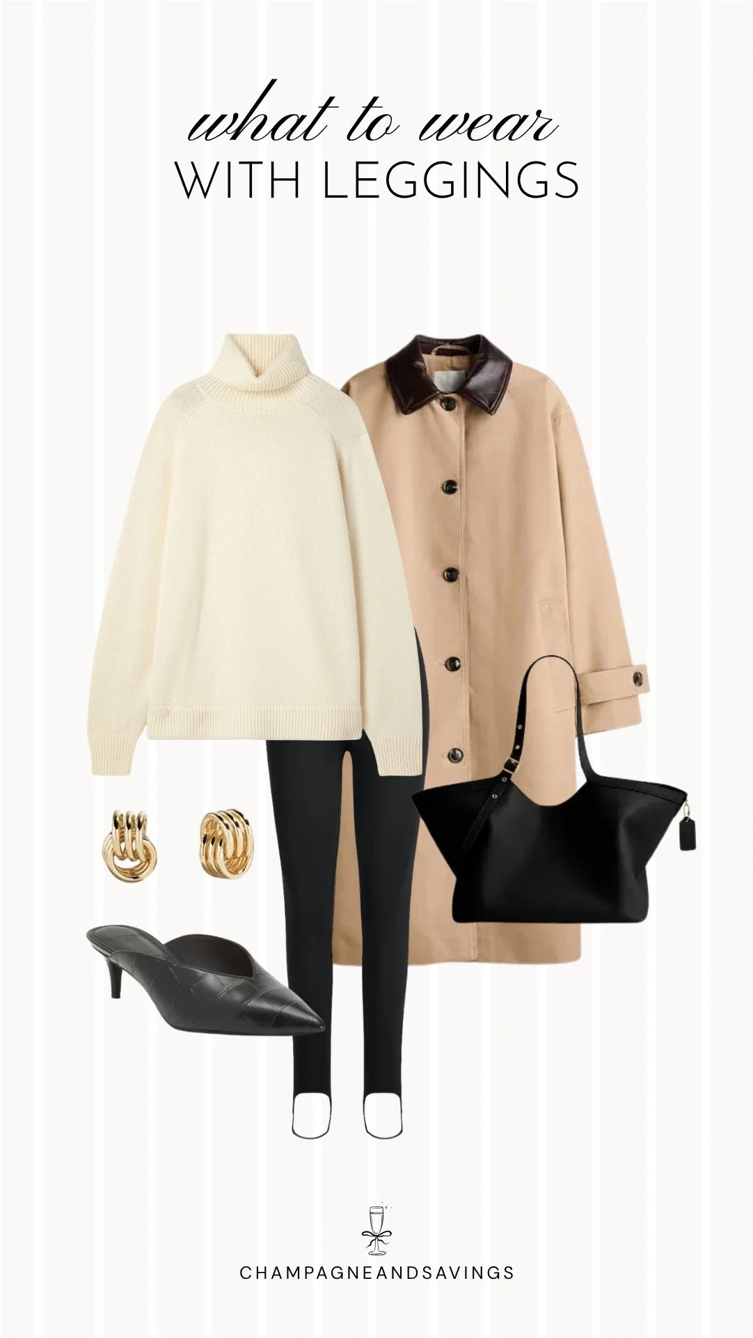 Collage of outfit pieces featuring black leggings styled with a fitted turtleneck and kitten heels for a chic and elevated fall outfit.
