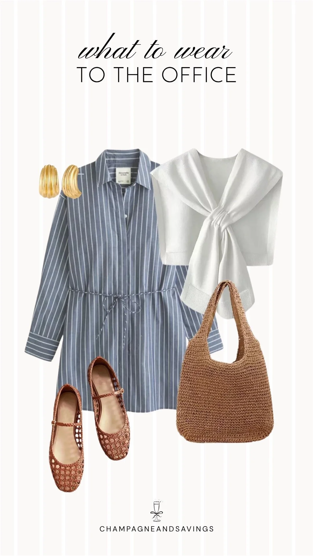 Collage of outfit pieces featuring a blue striped shirt dress styled with a white sweater draped over the shoulders for a classic and polished summer office outfit idea when the office is freezing.