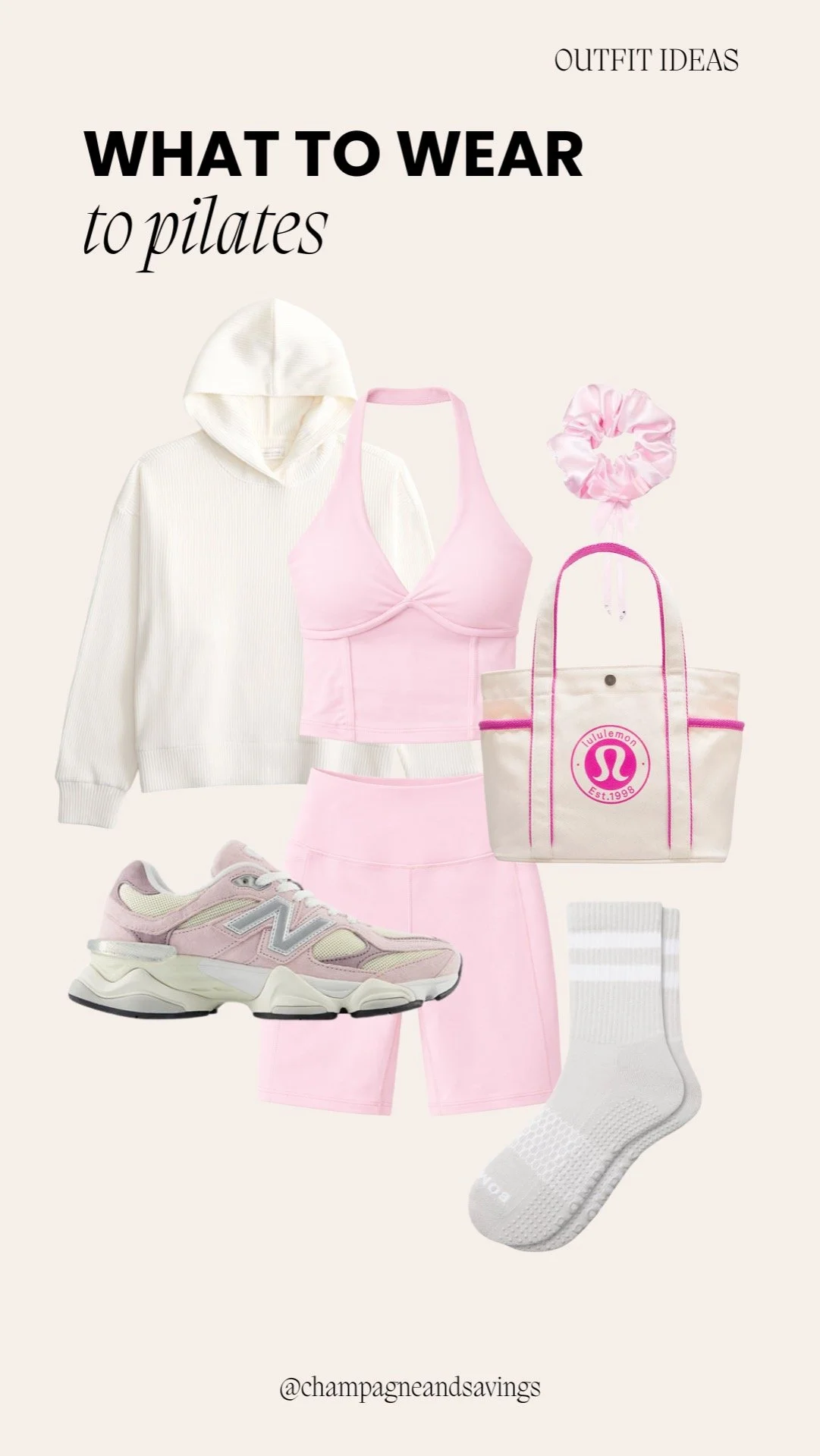 Collage of a soft pink Pilates outfit with matching top and shorts.