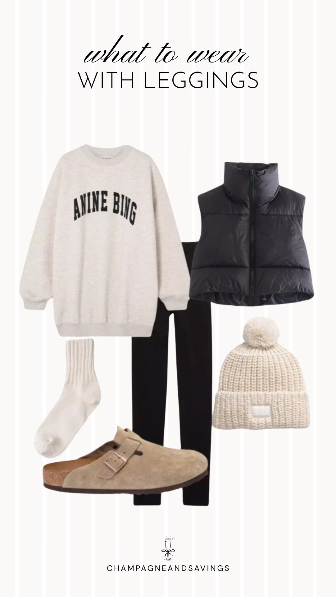 Collage of outfit pieces featuring black leggings styled with an oversized sweatshirt and clogs for a cozy and casual fall outfit.