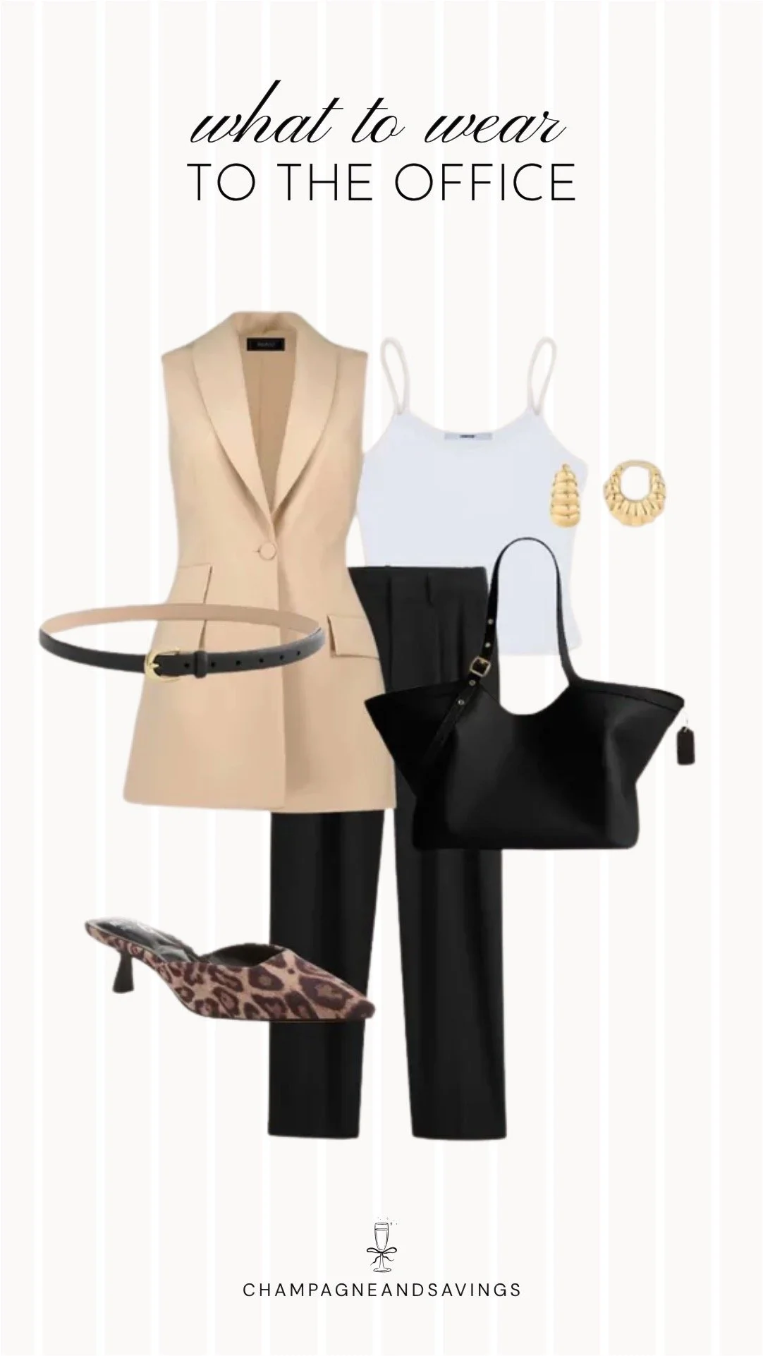 Collage of outfit pieces featuring a camel vest paired with black trousers and leopard print heels for a polished outfit that combines classic neutrals with a bold accent.
