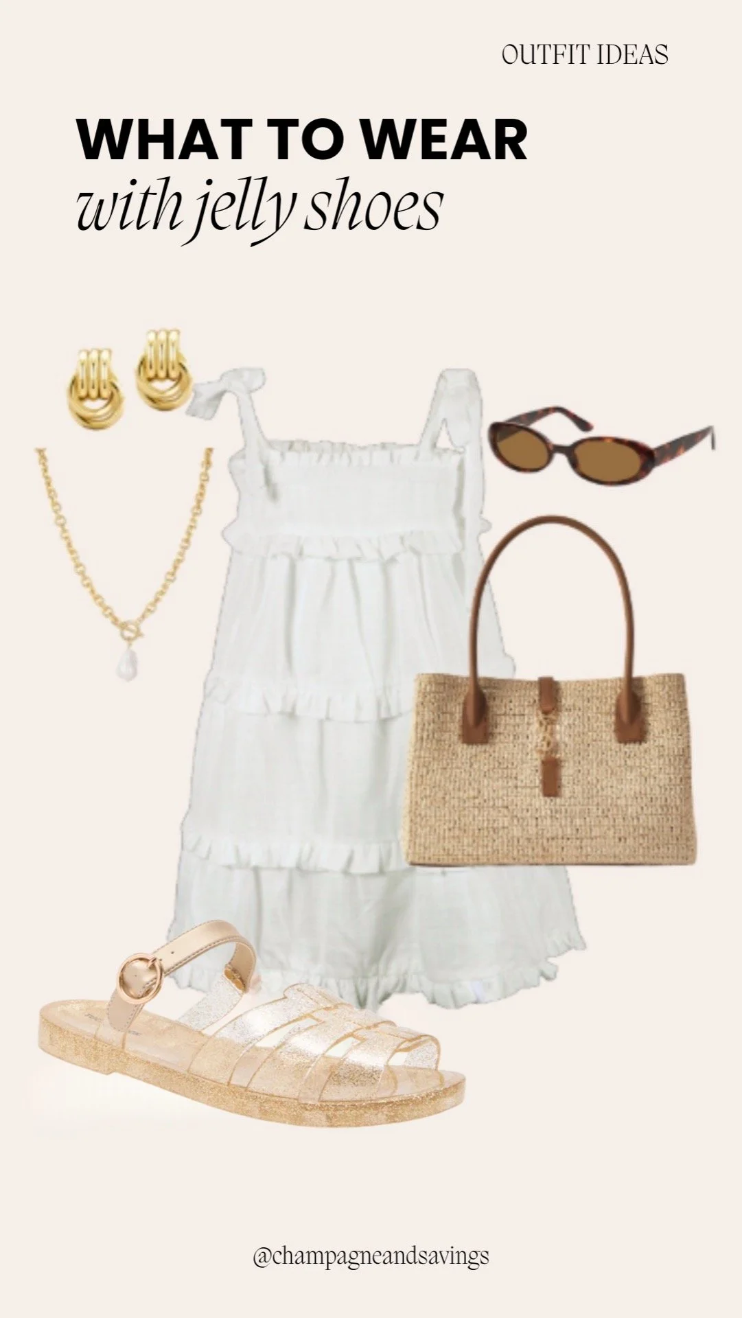 Outfit featuring jelly shoes styled with a white dress