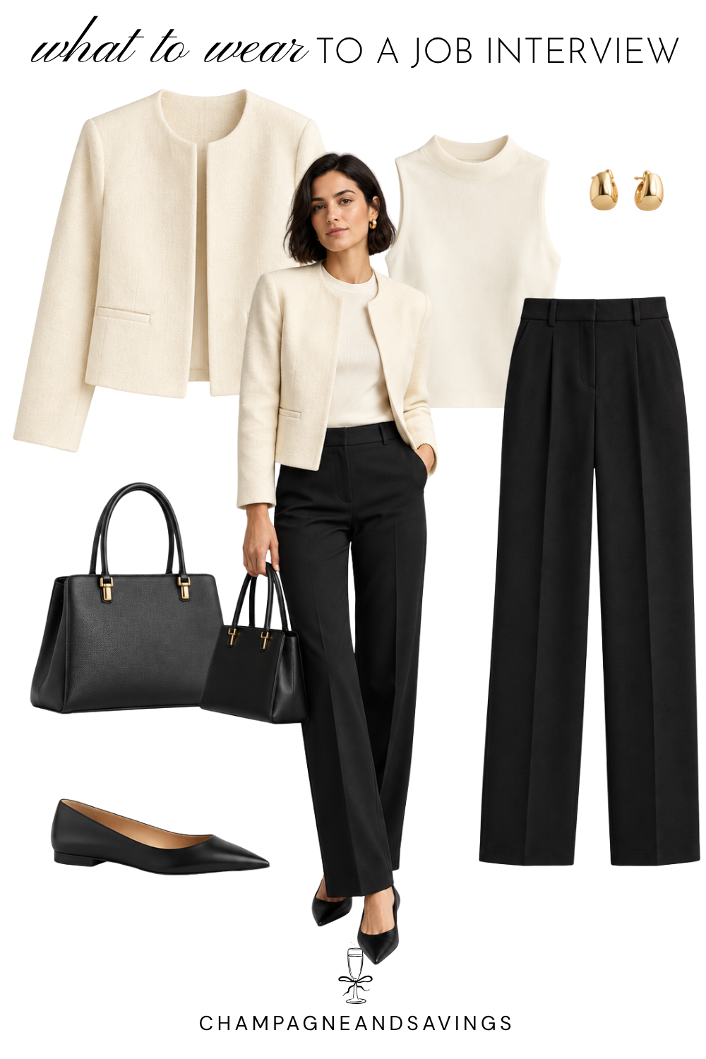 Job interview outfit idea for women featuring a short structured jacket paired with straight-leg trousers, shown in a collage of outfit pieces for a polished, professional look.