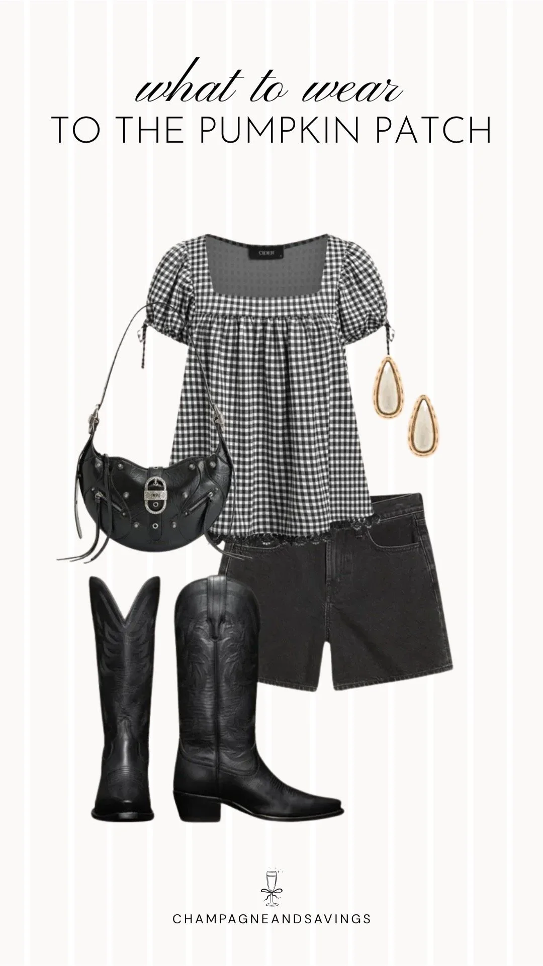 Collage of outfit pieces featuring a gingham babydoll top styled with black denim shorts and cowboy boots for a cute pumpkin patch outfit idea with a trendy western-inspired fall vibe.