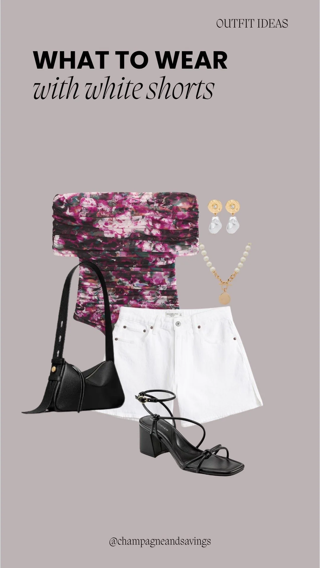 Collage of outfit pieces featuring white shorts styled with a floral off-shoulder top and block heels for a feminine, polished summer look.