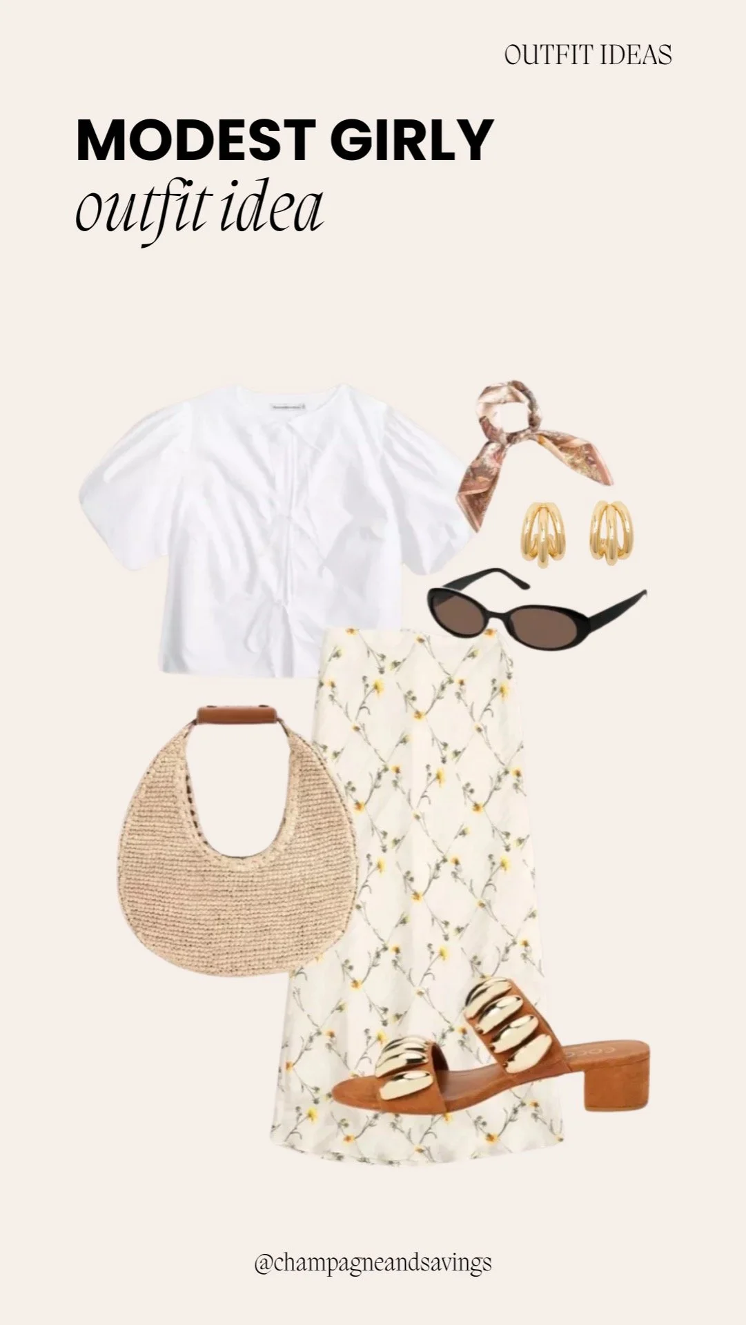 Modest girly outfit idea featuring a white blouse paired with a floral midi skirt, styled together as coordinated outfit pieces.