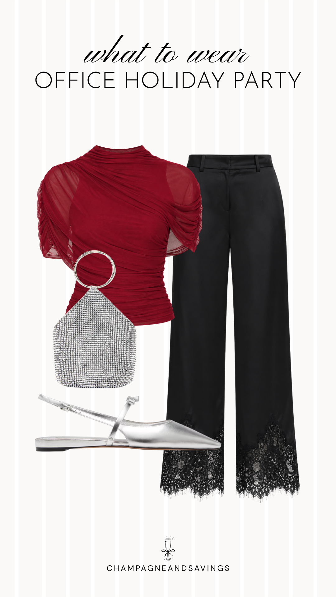 Work holiday party outfit idea featuring a red top styled with lace trim pants and coordinating outfit pieces for a cute, festive office party look.