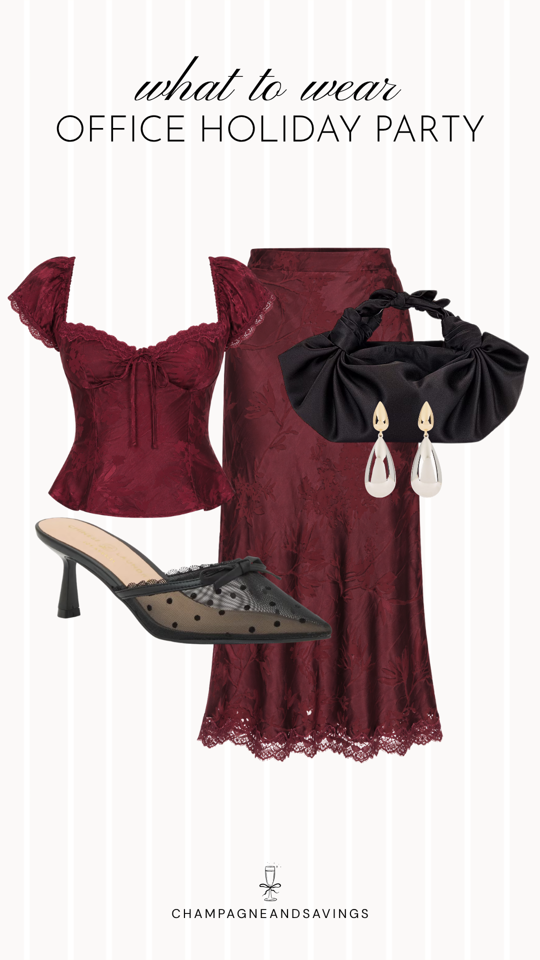 Work holiday party outfit idea featuring a burgundy lace top styled with a matching skirt and coordinating outfit pieces for a chic, festive office party look.
