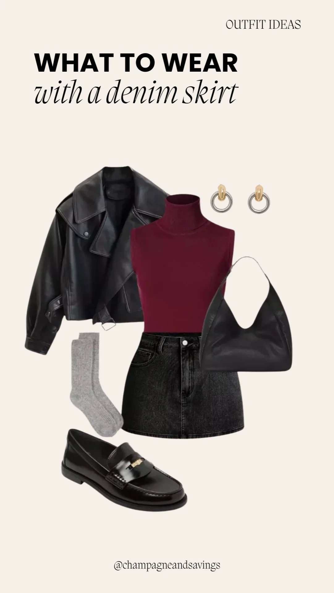 Mini skirt outfit idea featuring a denim mini skirt paired with a leather jacket and burgundy knit, styled together as coordinated outfit pieces.