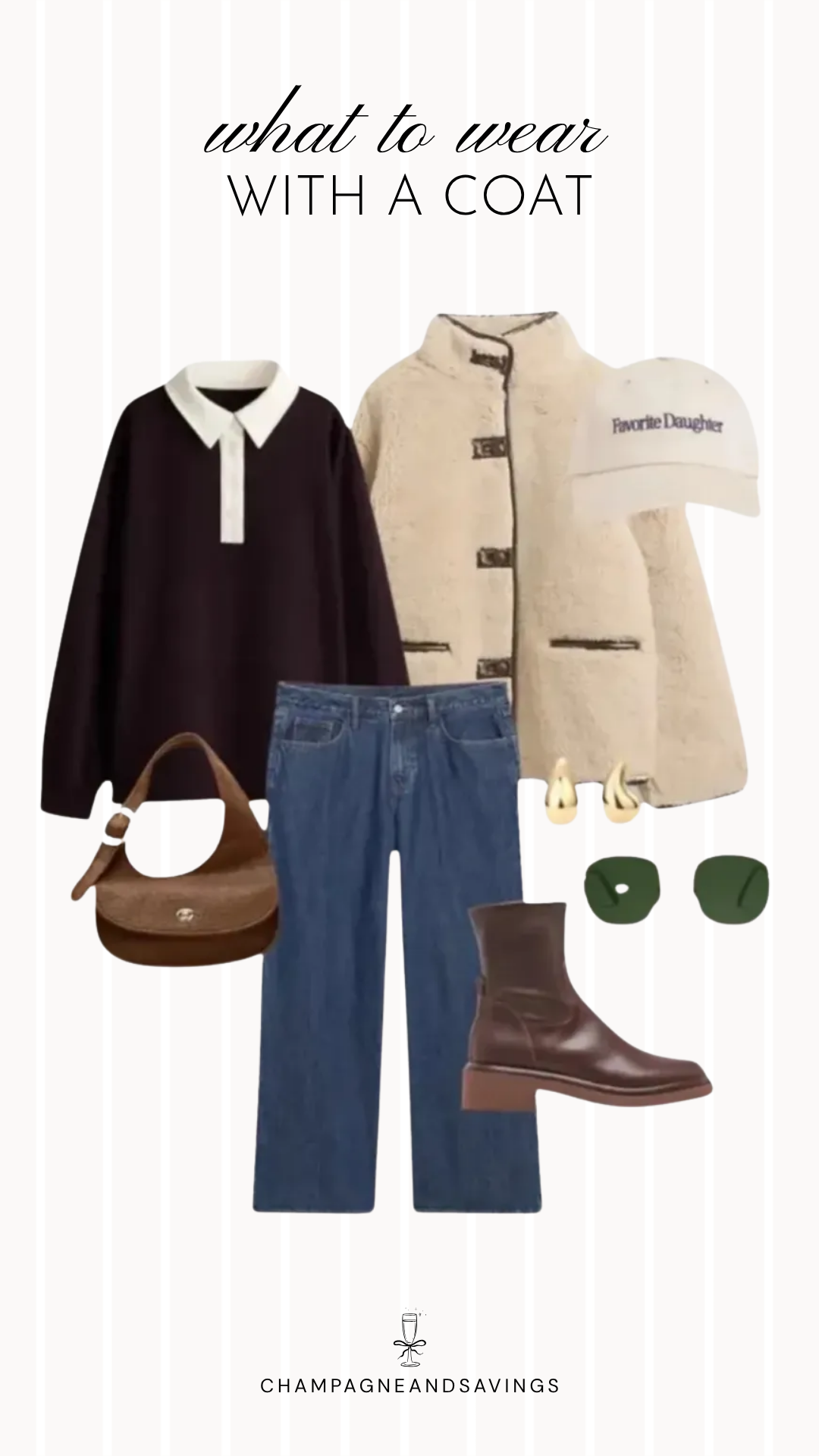 Coat styling idea featuring a collared top paired with a shearling coat and wide leg jeans, shown in a fall fashion collage with coordinated outfit pieces for a cozy and effortlessly chic layered look.