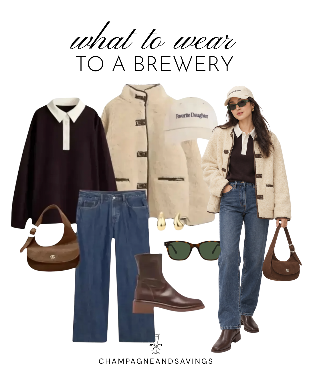 Cozy brewery outfit with a brown rugby shirt, cream sherpa jacket, straight-leg jeans, brown ankle boots, and baseball cap.