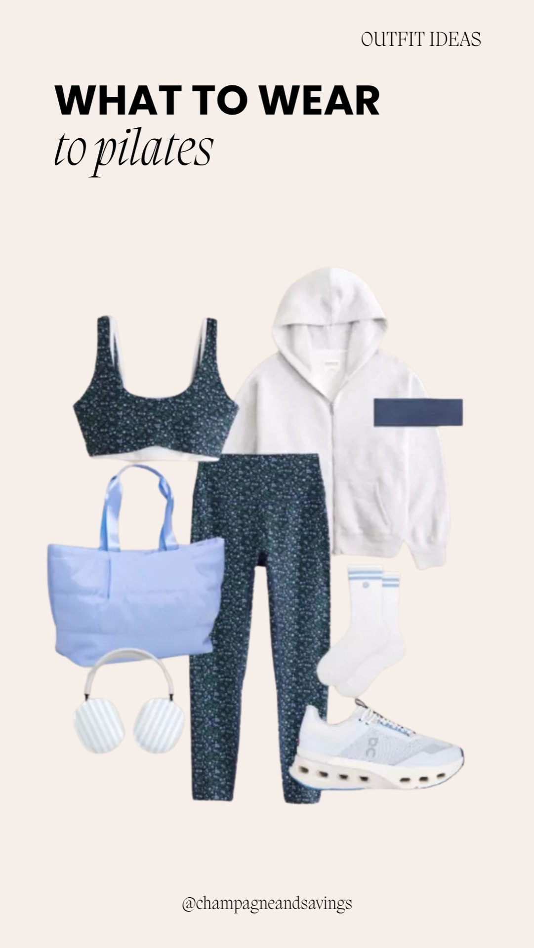 Flat lay of a cool blue printed Pilates outfit, including matching leggings and top.