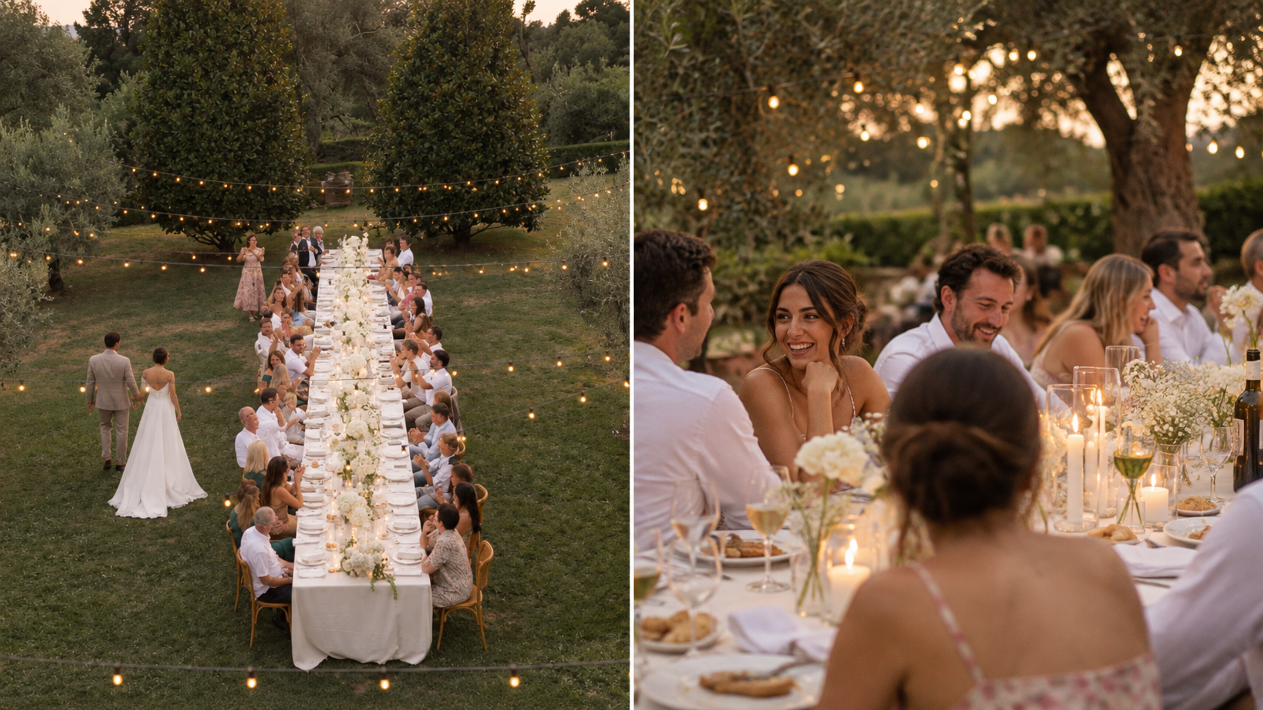 Intimate garden wedding reception with guests sharing a long candlelit table beneath trees and string lights.