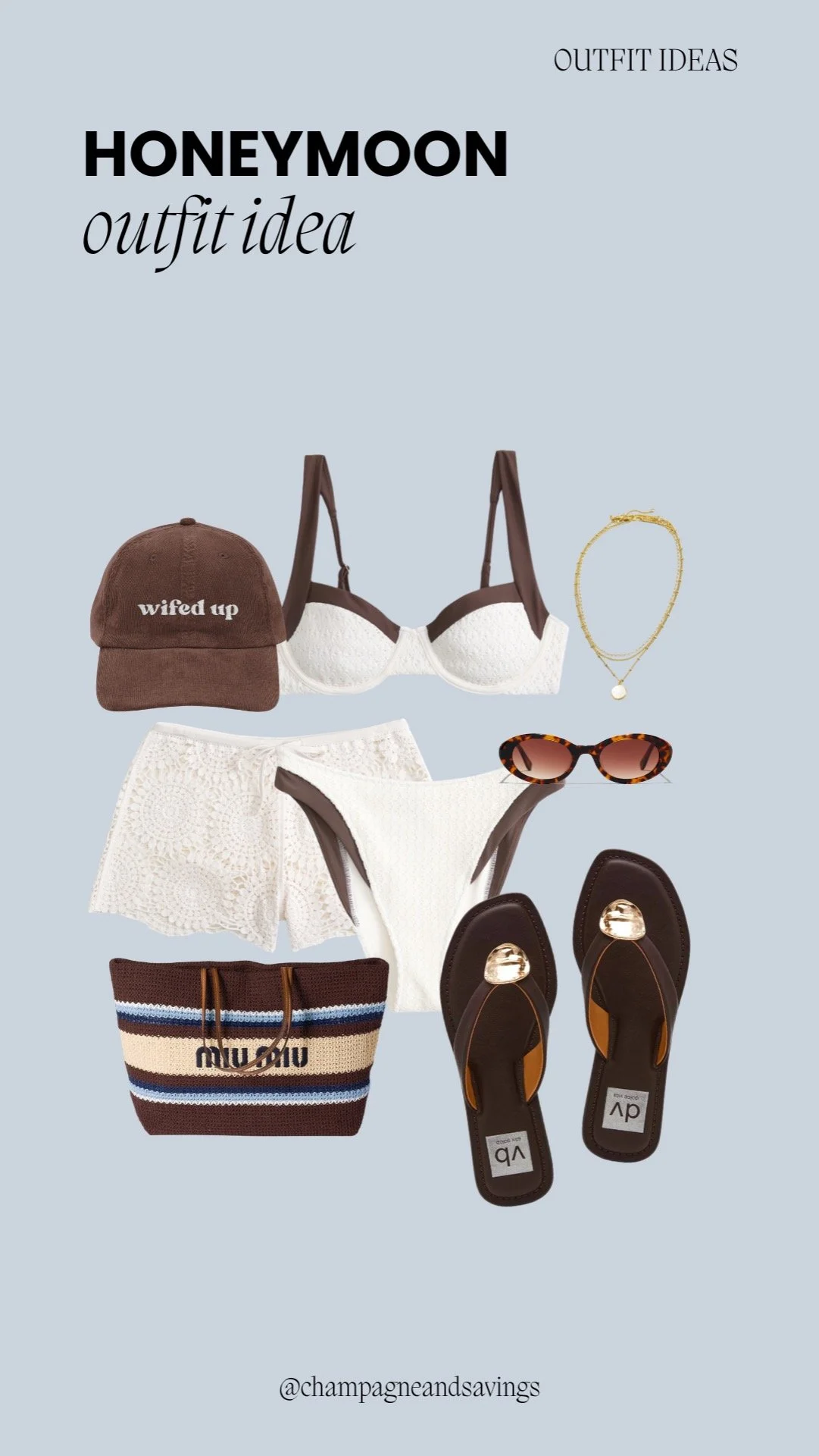 Honeymoon outfit idea collage featuring a brown bikini paired with crochet shorts, styled with accessories for a boho-chic and beach-ready bridal vacation look.
