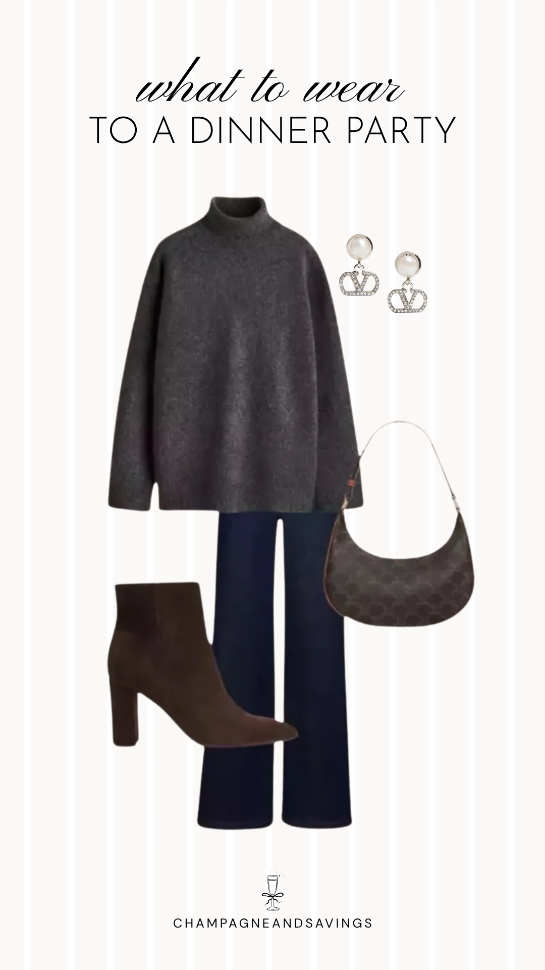 A dinner party outfit idea featuring a cozy mock neck sweater paired with wide leg jeans for a chic, effortless fall look that's perfect for casual gatherings or hosting at home.