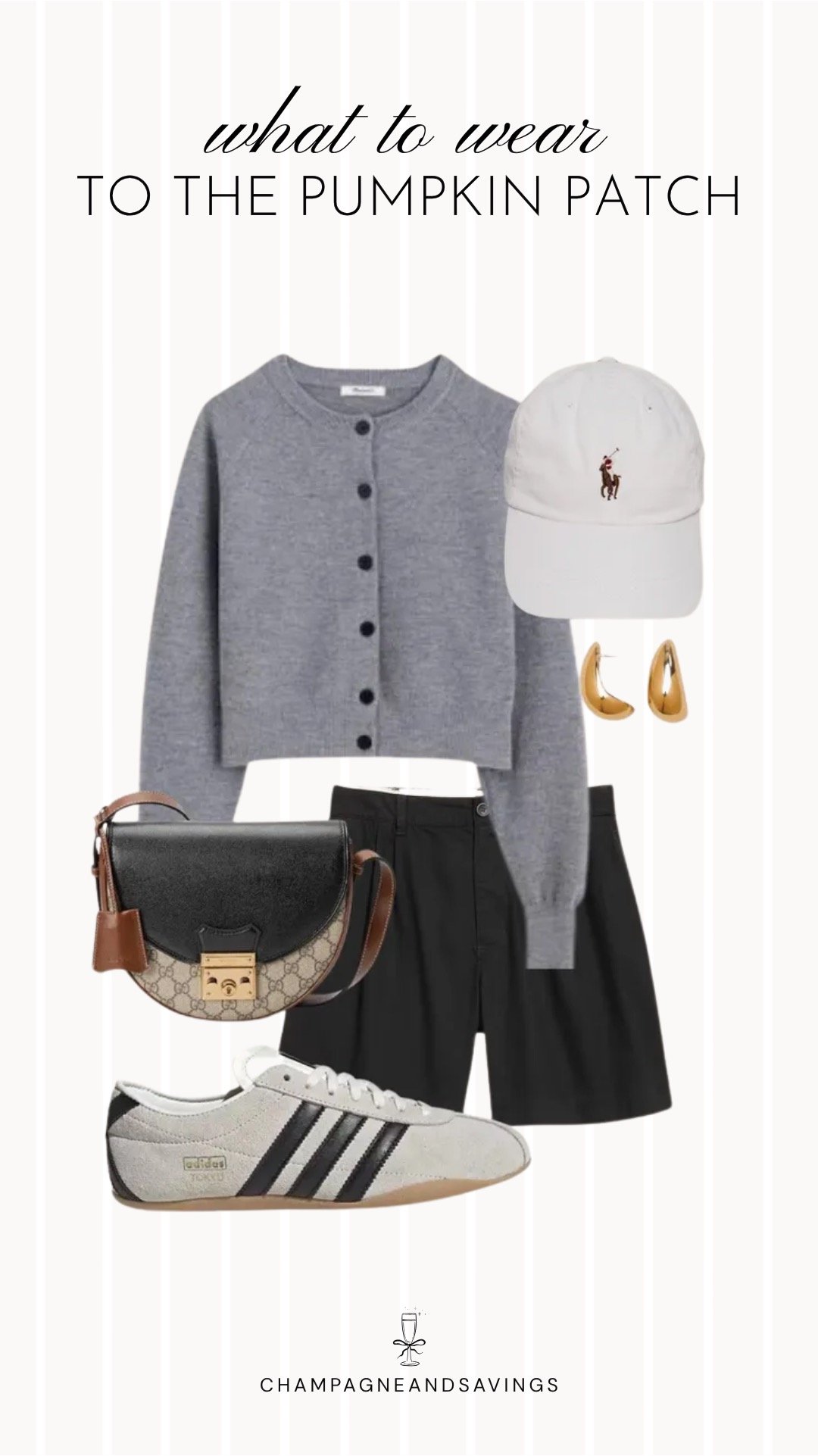 Collage of outfit pieces featuring a gray cardigan styled with black shorts and sneakers for a casual pumpkin patch outfit idea with a comfy sporty fall vibe.