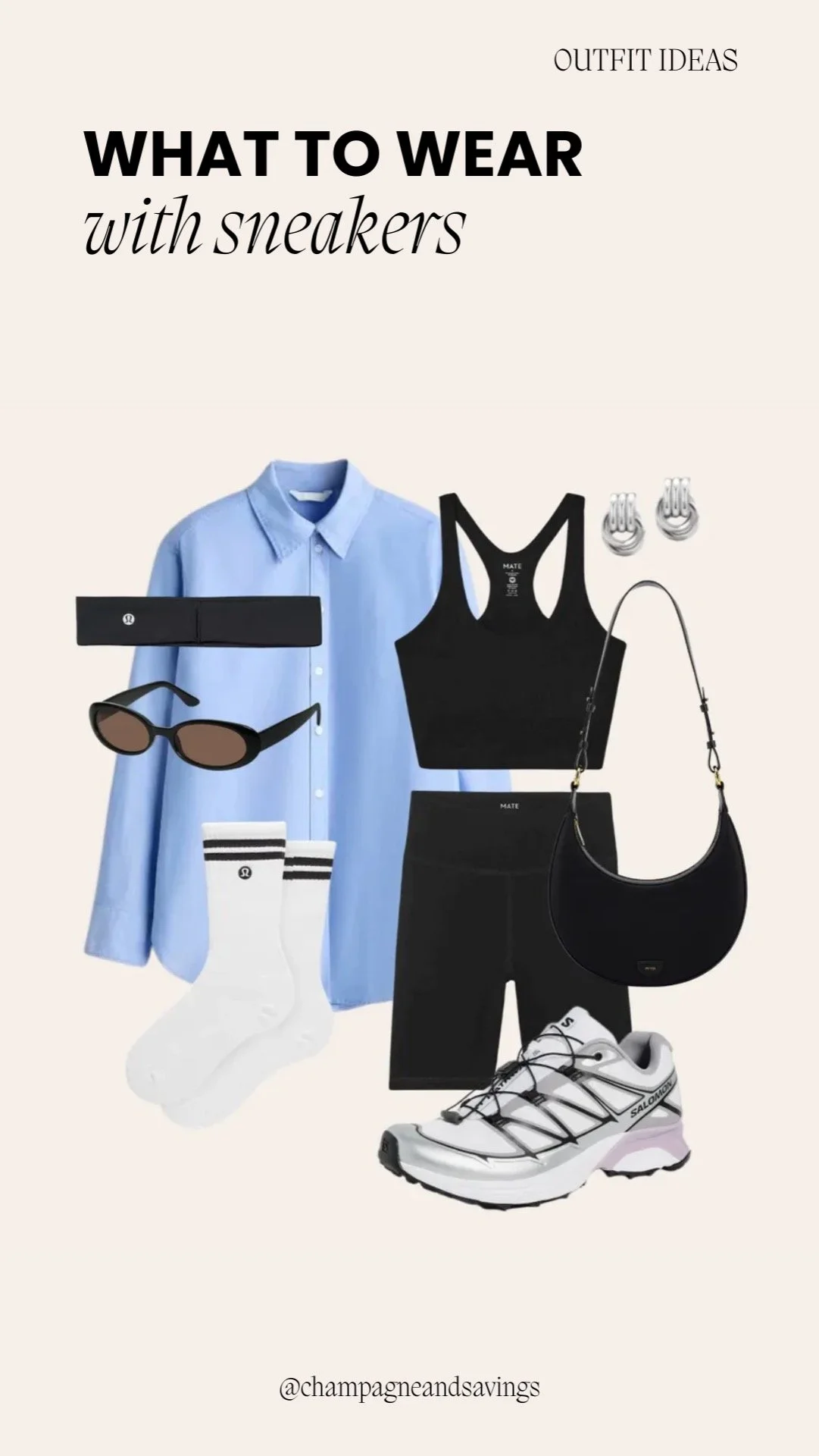 Collage showing a sporty-cool outfit idea with layered clothing and sneakers.