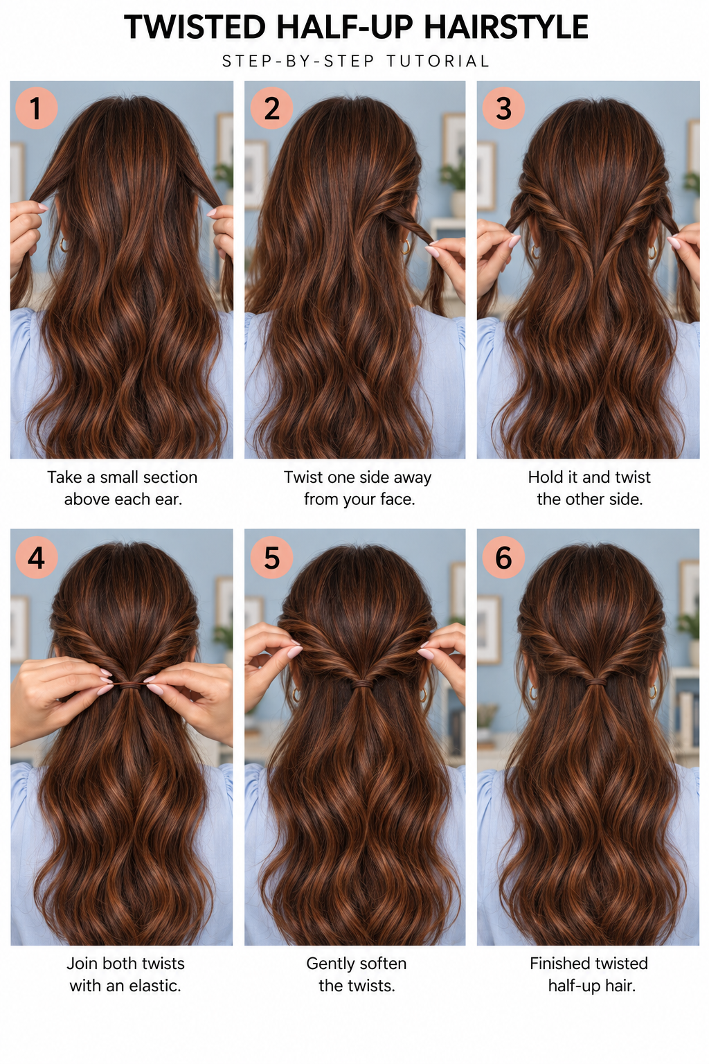 Step by step tutorial on how to do a twisted half-up hairstyle.