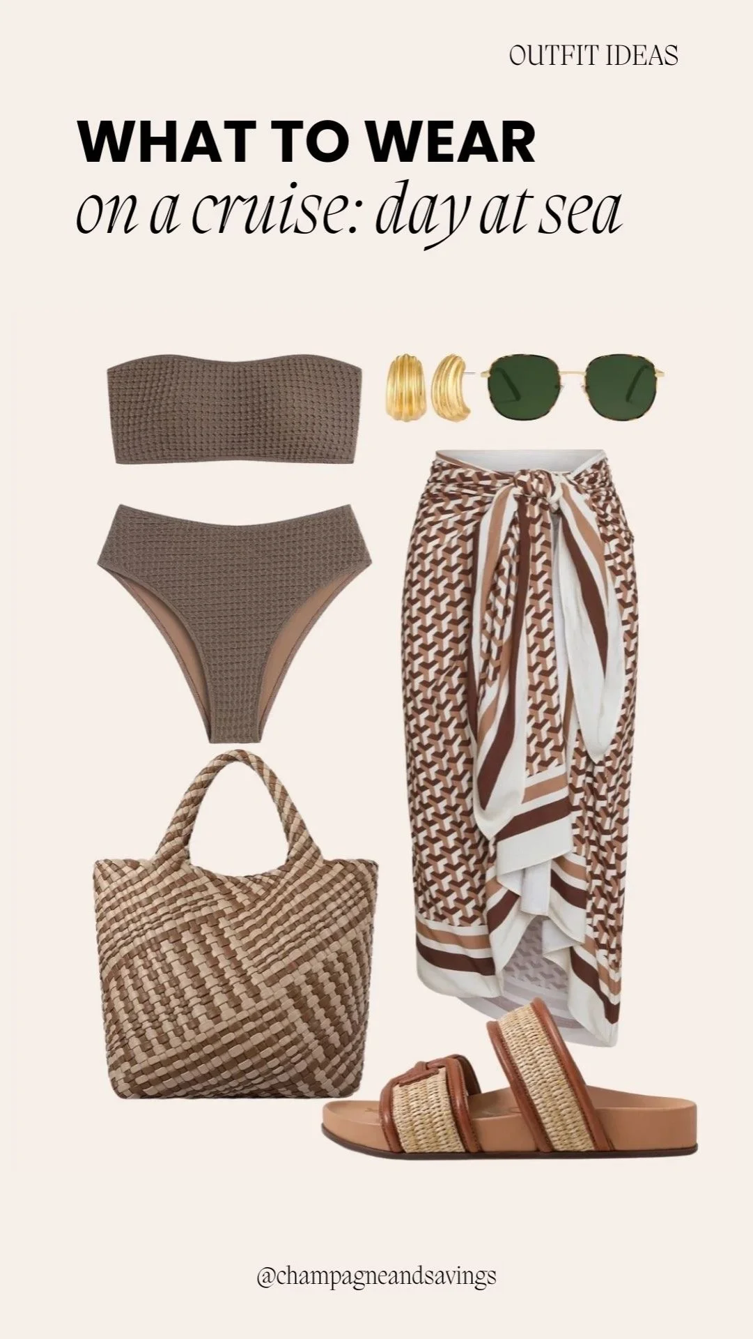 Neutral bikini paired with a printed sarong, styled as a chic cruise swim outfit perfect for poolside lounging and beach excursions.