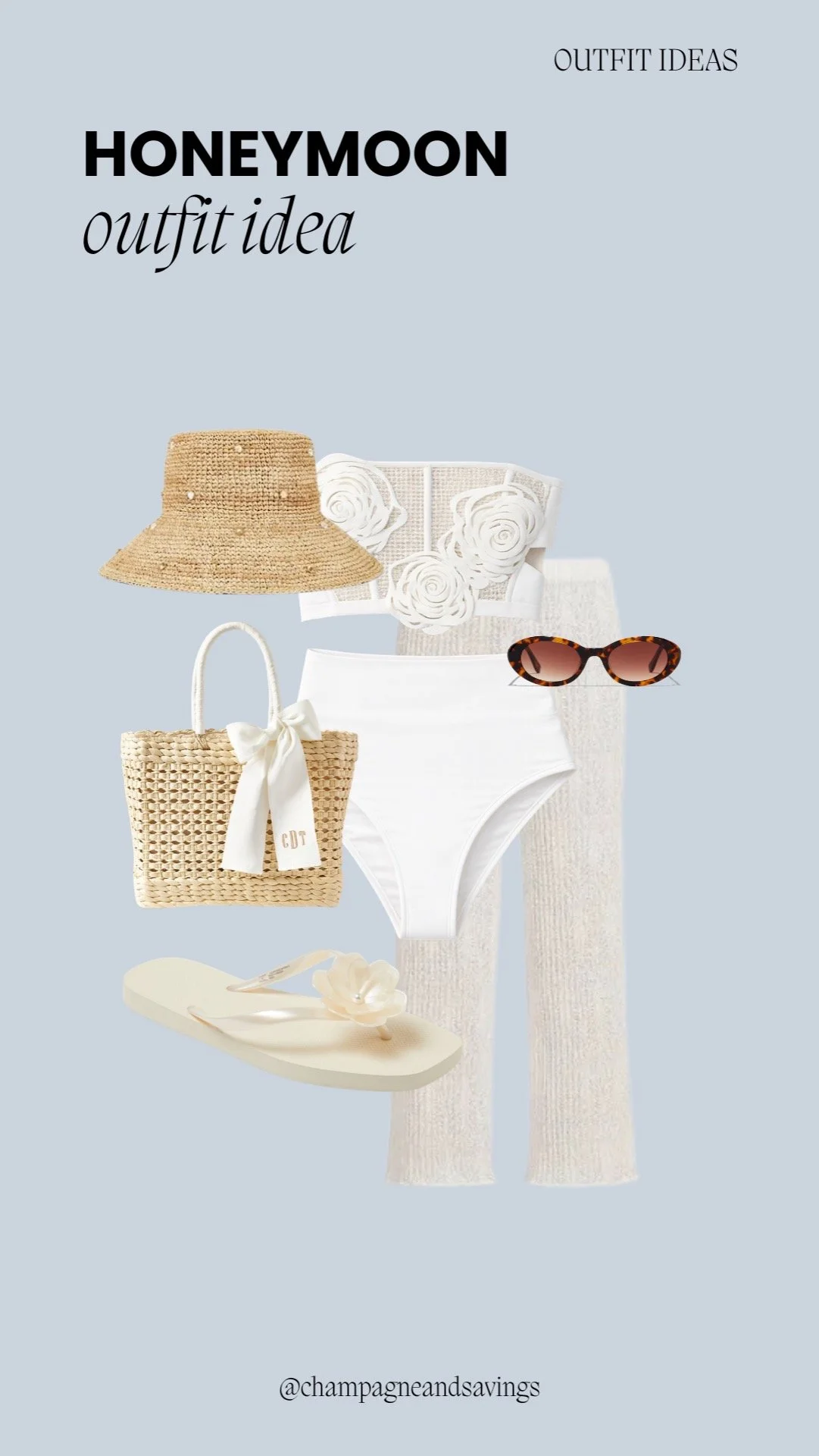 Honeymoon outfit idea collage featuring a white floral bandeau bikini paired with knit pants, styled with accessories for a chic and relaxed bridal vacation look.