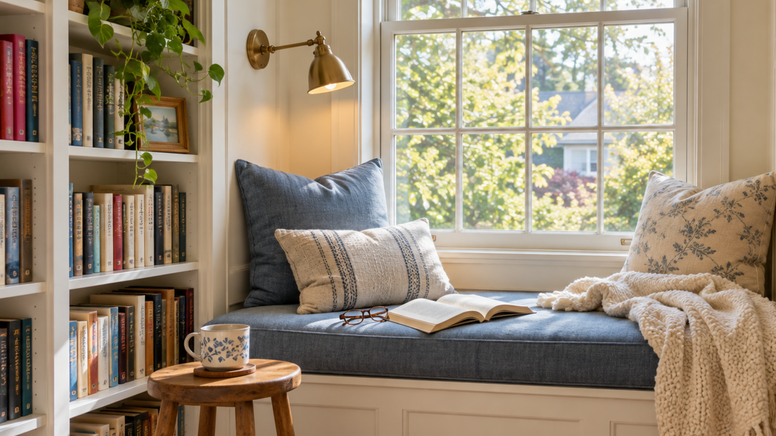 cozy window seat next to a bookshelf