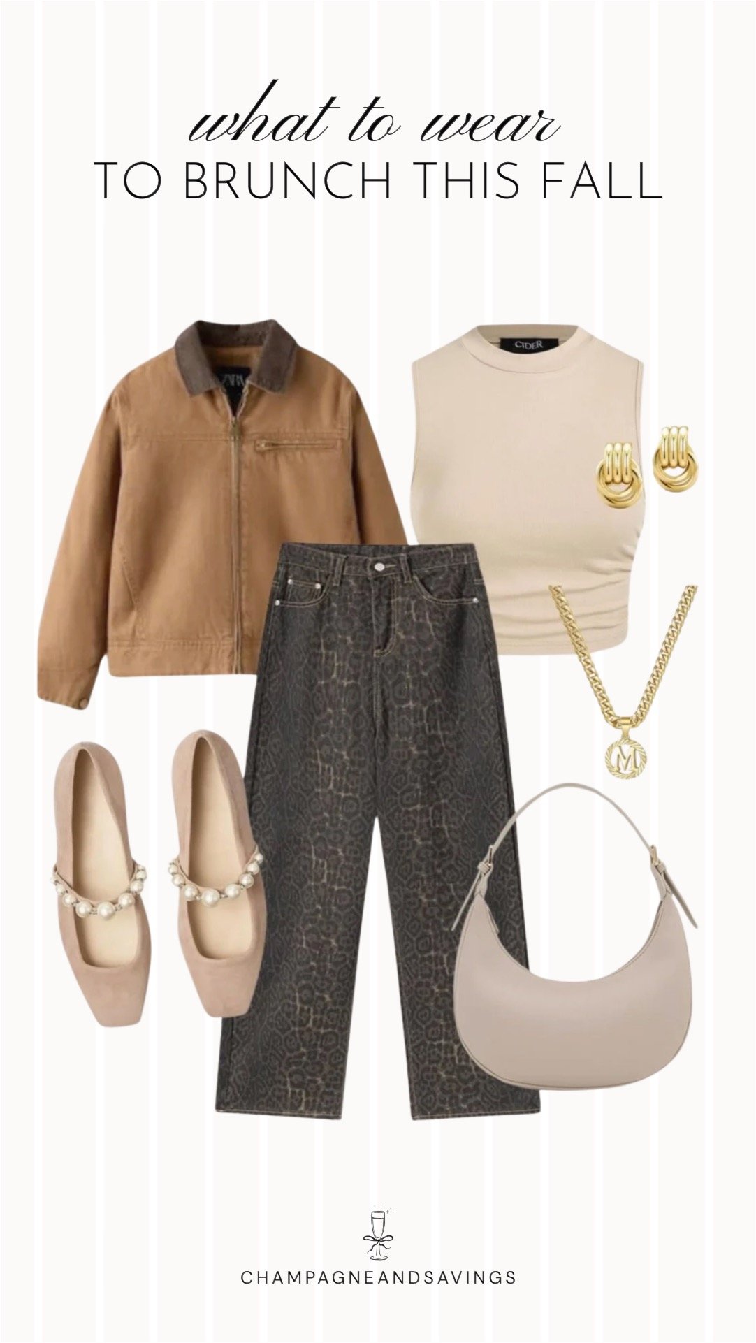 Collage of outfit pieces featuring a tan jacket styled with leopard print jeans and pearl Mary Janes for a playful and trendy fall brunch outfit idea.