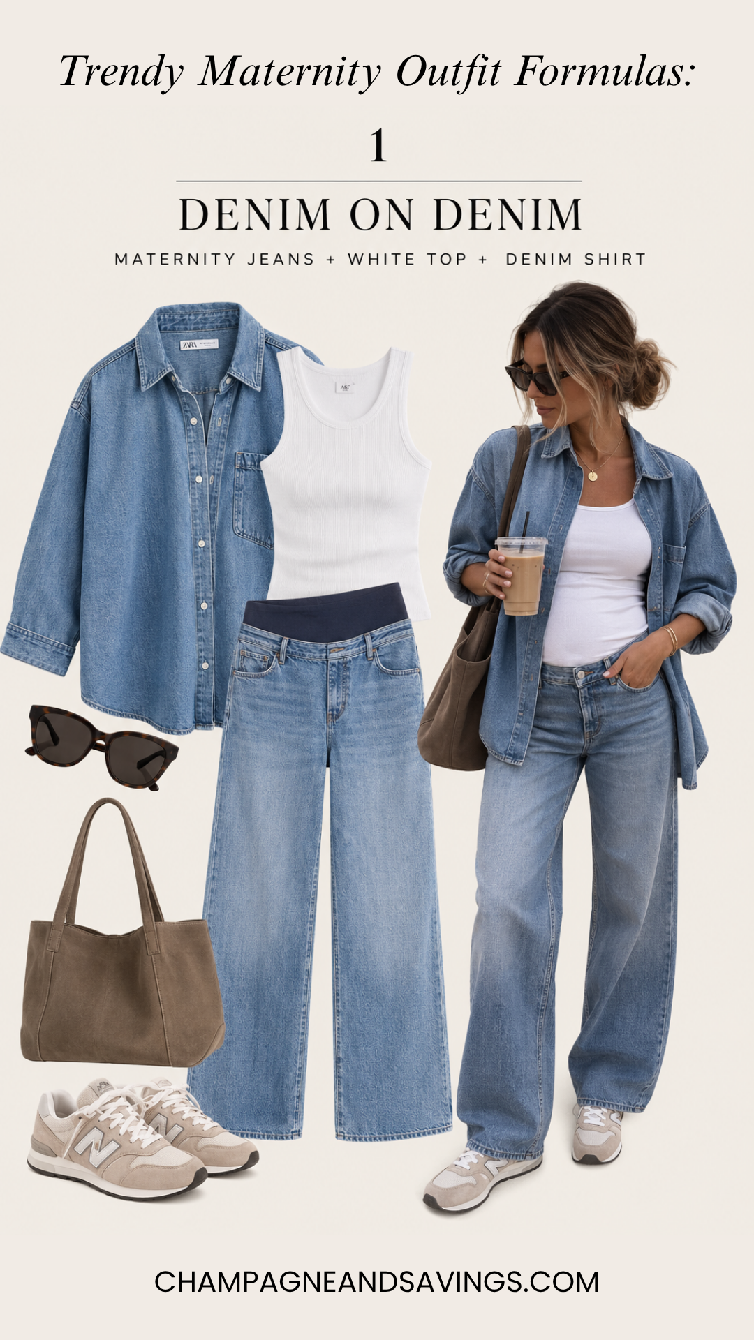 Denim on denim pregnancy outfit formula featuring a collage of outfit pieces and a styled denim outfit for a trendy pregnancy look.