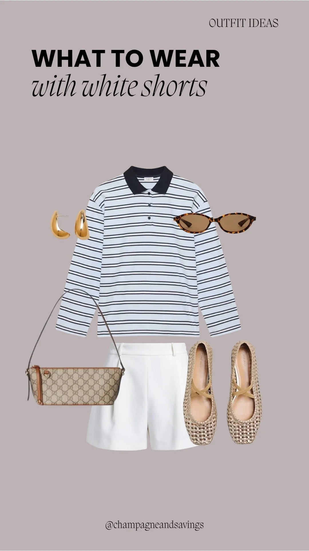 Collage of outfit pieces featuring white shorts styled with a striped polo and woven ballet flats for a preppy, effortless look.
