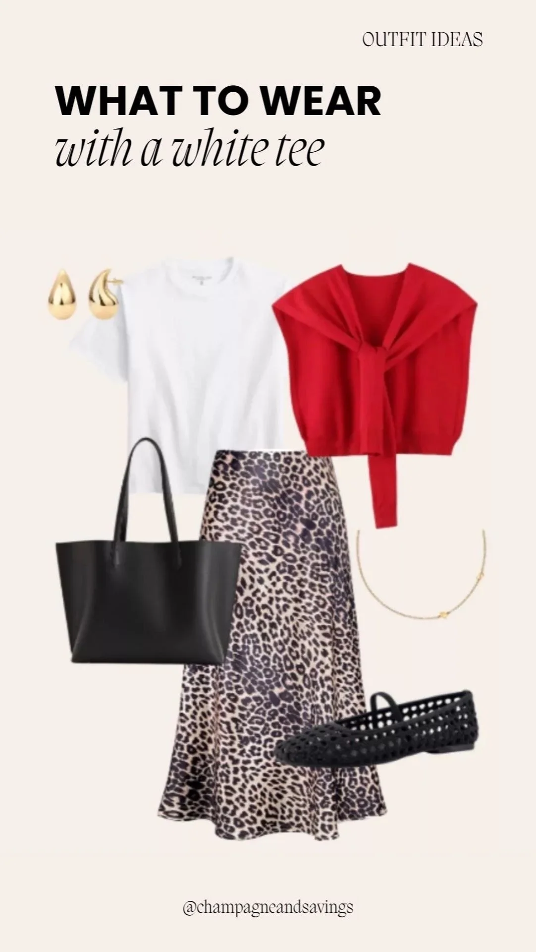 Plain white t-shirt styled with a leopard print skirt and a pop of red for a bold, stylish, and eye-catching outfit.