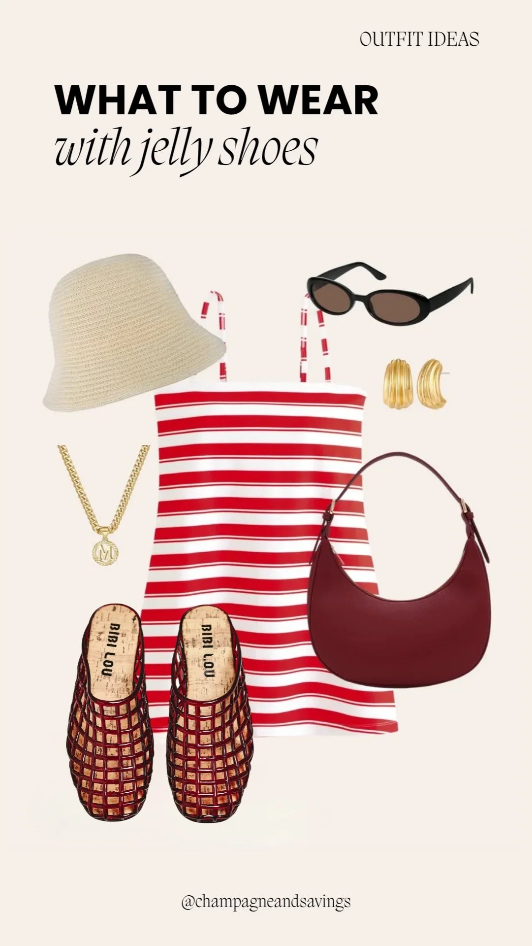 Outfit featuring jelly shoes styled with a striped mini dress