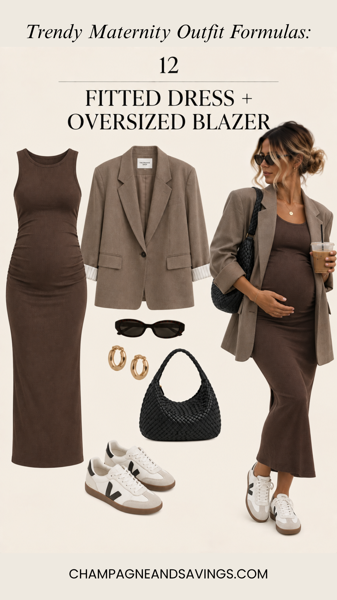 Fitted dress with an oversized blazer pregnancy outfit formula featuring a collage of outfit pieces and a styled look for a trendy pregnancy outfit.