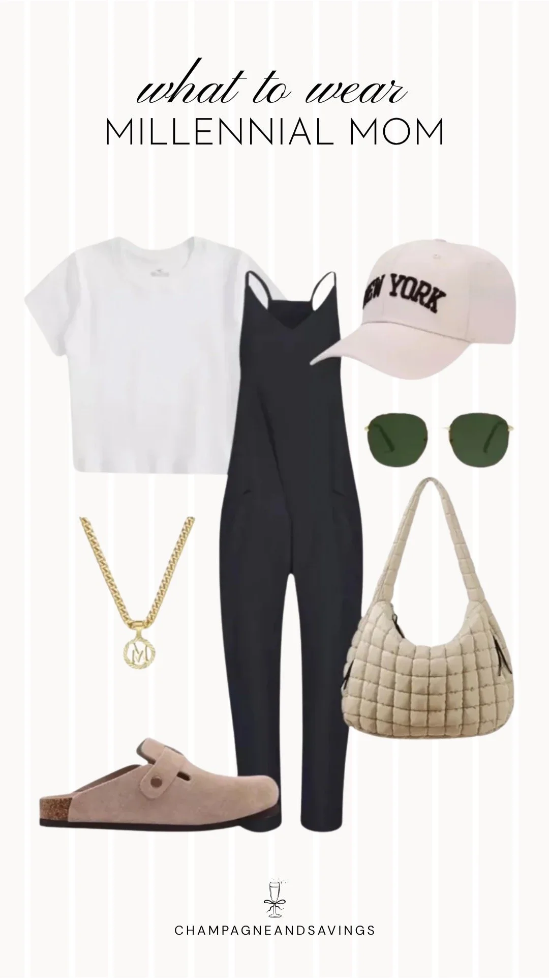 Collage of outfit pieces featuring a black jumpsuit layered over a white tee, paired with clogs for an easy, casual millennial mom outfit.