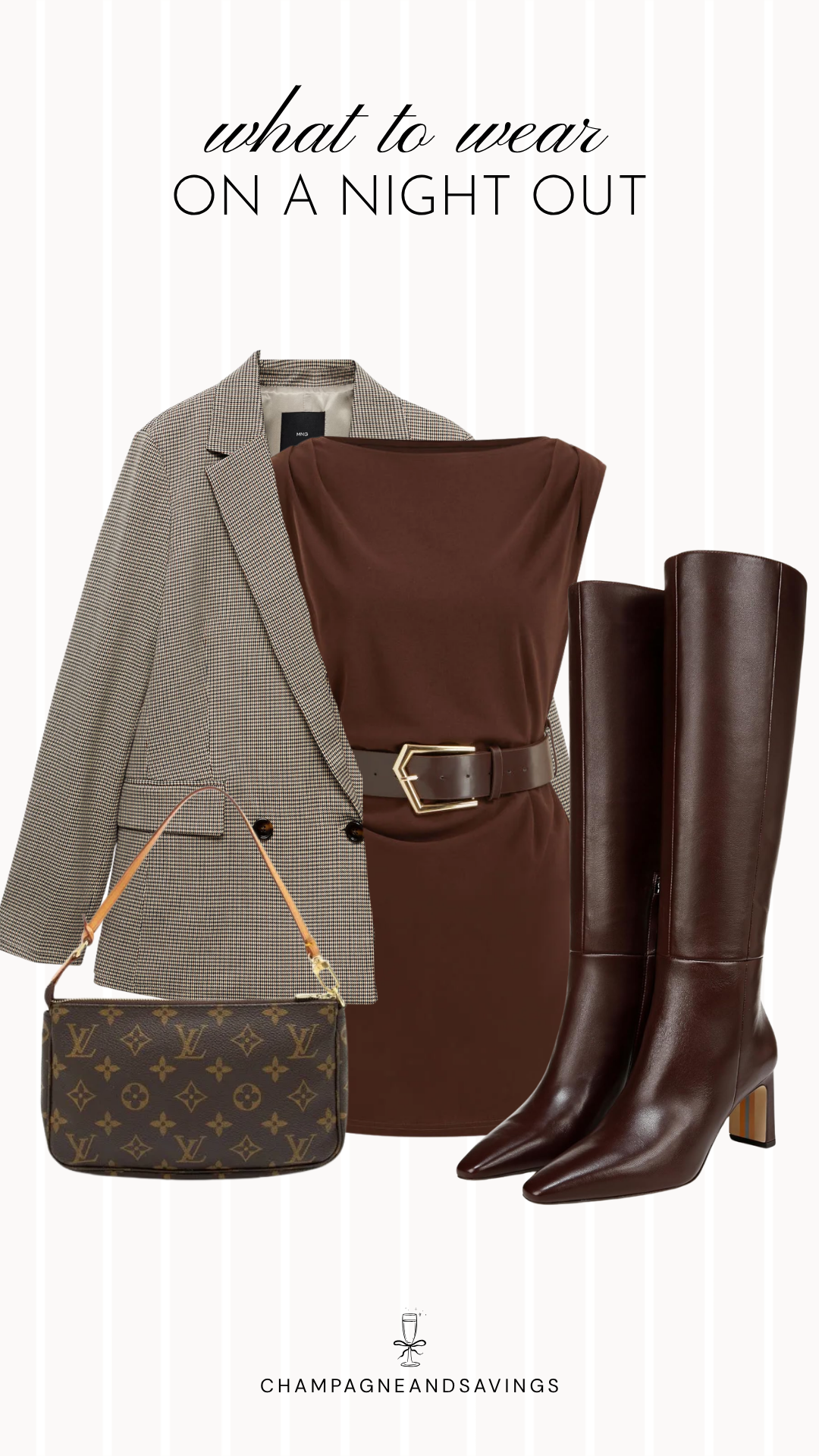 Fall going out outfit idea featuring a houndstooth blazer layered over a belted dress with tall boots, styled in a collage of outfit pieces for a polished autumn night out look.