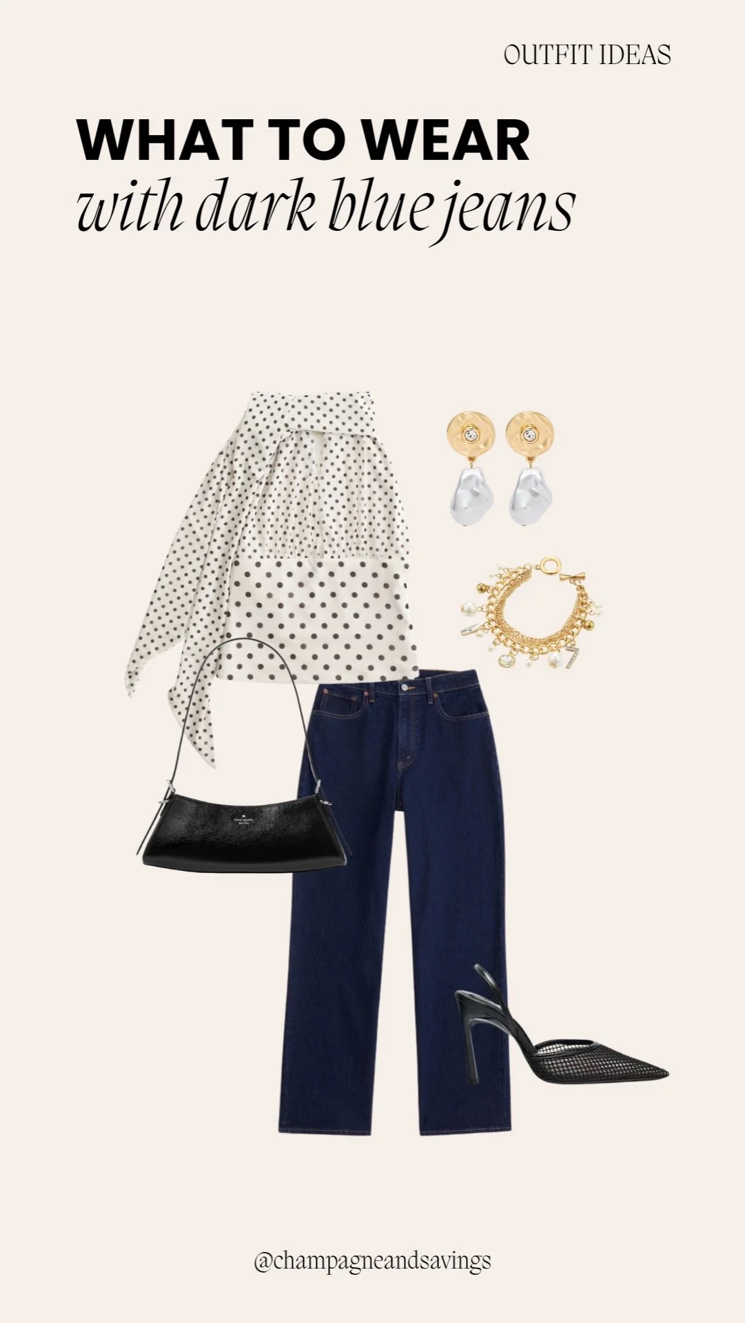 Collage of outfit pieces for a “Polka Dot Blouse + Black Heels” dark denim look, featuring dark denim paired with a polka dot blouse and black heels, styled in a chic polished aesthetic.