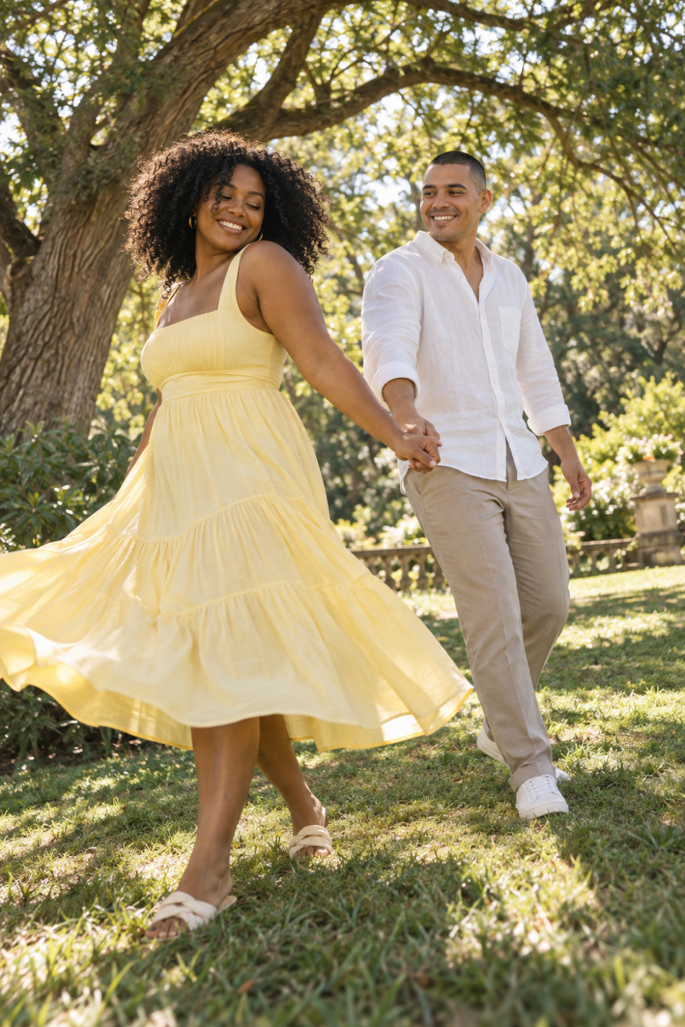 Color & Neutral Engagement Photo Outfit Idea featuring a couple wearing butter yellow.