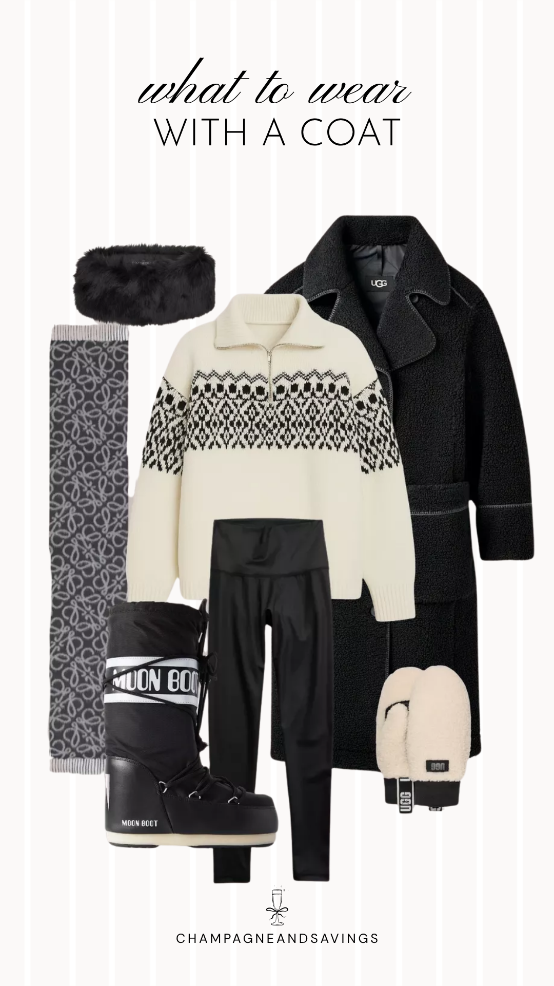 Coat styling idea featuring a Fair Isle sweater layered with a teddy coat and paired with moon boots, shown in a cozy winter fashion collage with coordinated outfit pieces for a warm and stylish cold-weather look.