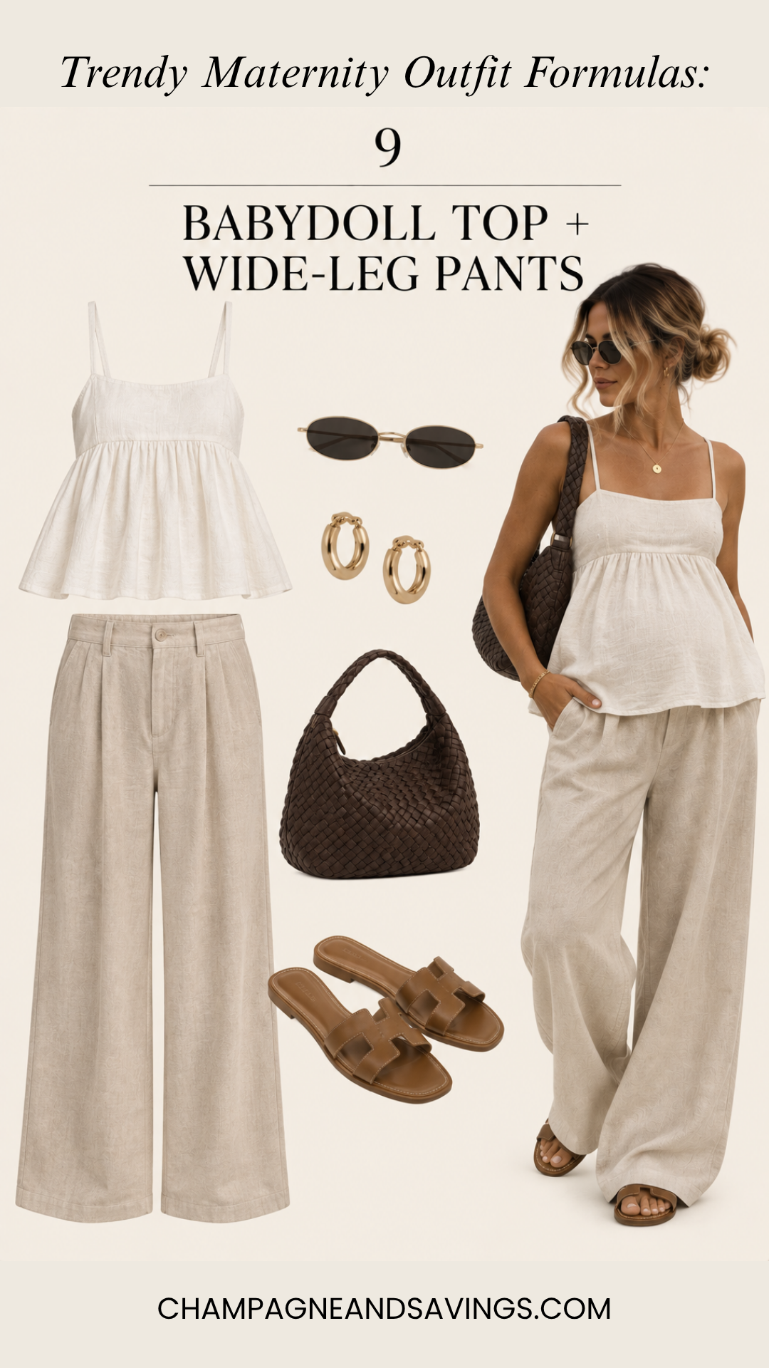 Babydoll top with wide-leg pants pregnancy outfit formula featuring a collage of outfit pieces and a styled look for a trendy pregnancy outfit.