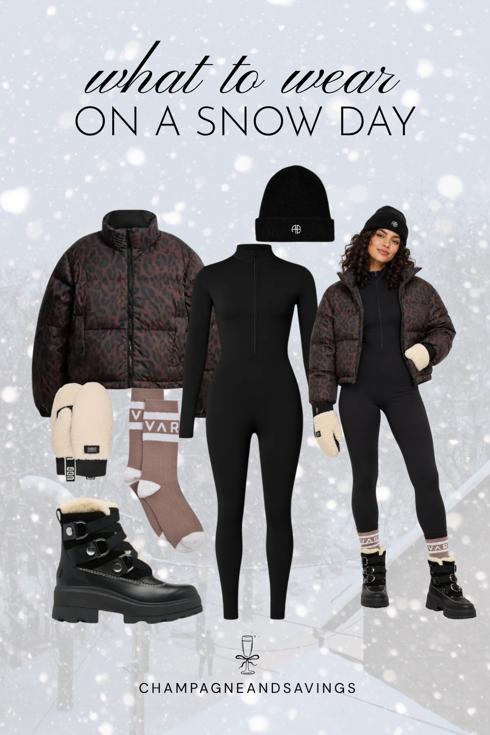 Trendy snow day outfit idea featuring a fitted jumpsuit, puffer jacket, and snow boots, shown in a collage of outfit pieces.