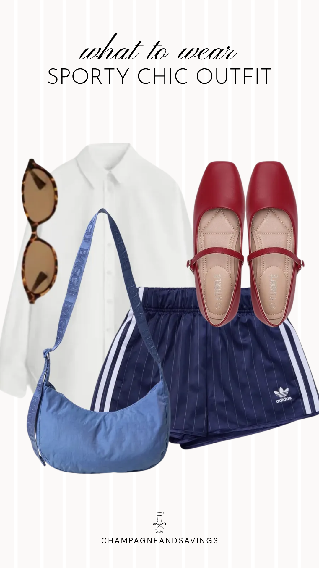 Collage of sporty chic outfit pieces featuring a crisp button-down shirt paired with pinstripe shorts and red flats for a polished look with a sporty twist.