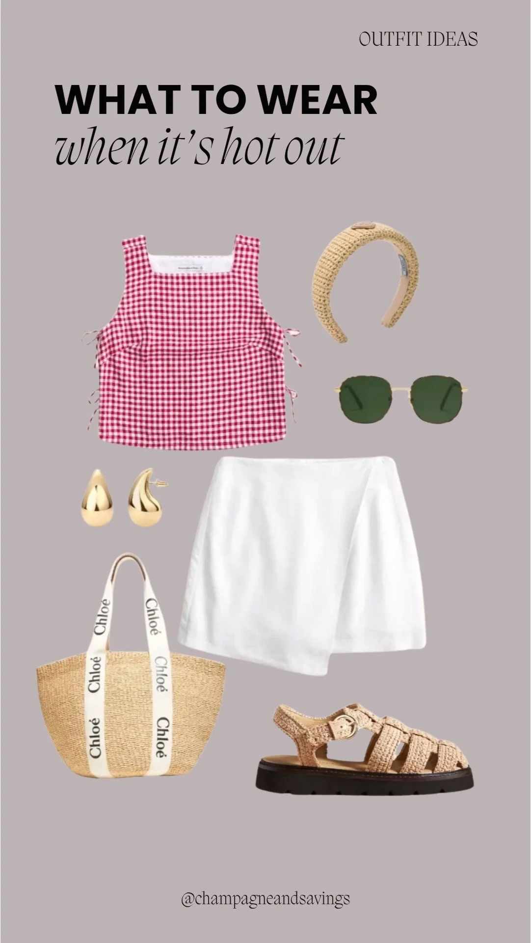 Hot weather outfit collage featuring a red gingham crop top paired with a white wrap skort and woven sandals for a playful, breezy summer look
